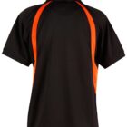 Black short-sleeved shirt with orange stripes running from the shoulders to the sides. The back view shows a circular yoke and a collar. The shirt has a sporty appearance.