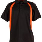 Black polo shirt with a collar and three buttons, featuring bright orange side panels. The shirt is laid flat, showing a front view.