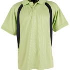 A light green polo shirt with short sleeves and three buttons at the collar. It features black panels running down each side.