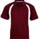 A maroon polo shirt with white side panels and a collar. The shirt has short sleeves and two buttons on the placket.