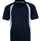 Dark blue polo shirt featuring light blue side panels and short sleeves. The shirt has a buttoned collar, providing a casual yet sporty appearance.