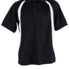 A black polo shirt with short sleeves and a three-button placket. It features white side panels that extend from the shoulders to the hem, providing a contrast to the solid black body.