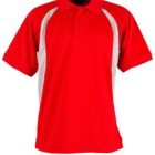 A red polo shirt with a collar and short sleeves. It features contrasting white panels along the sides and shoulders. The shirt has three buttons beneath the collar.