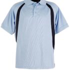 A light blue polo shirt with black panels on the sides and sleeves. It has a collar and three buttons at the top. The shirt is displayed against a white background.