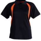 A black polo shirt with bright orange panels on the sides and sleeves. It has a classic collar and short sleeves.