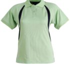 A light green polo shirt with short sleeves, featuring black side panels. The shirt has a classic collar and a buttoned placket. The fabric appears lightweight and suitable for casual or sportswear.