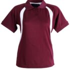 A maroon polo shirt with short sleeves, featuring white side panels and a three-button collar. The shirt is displayed on a plain white background.