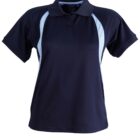 A short-sleeved, navy blue polo shirt with light blue side panels. It has a traditional collar and buttons at the top. No visible logos or designs.