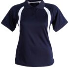 A navy blue collared polo shirt with white accents on the sides and short sleeves. It has a three-button placket and is displayed against a plain white background.