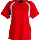 A red polo shirt with short sleeves and a collar. It features white side panels and a buttoned placket down the front. The shirt is displayed against a plain white background.