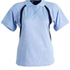 A light blue polo shirt with short sleeves and black side panels. The shirt features a collar and a buttoned placket. The fabric appears smooth and lightweight. The shirt is displayed against a white background.