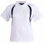 White polo shirt with short sleeves and a buttoned collar. It features black panels on both sides, creating a stylish contrast. The shirt is displayed against a plain white background.