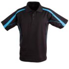 A black polo shirt with blue stripes running down the shoulders and sleeves. The shirt features a button-up collar and short sleeves. The design is simple and sporty.