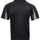 Back view of a black short-sleeve polo shirt with gray side panels and a collar.