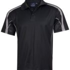 A black polo shirt with short sleeves and a collar. It features dark gray shoulder panels and subtle white piping along the sides. The shirt has a buttoned placket at the front.