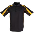 A black polo shirt with yellow accents on the shoulders and sleeves. The shirt has a three-button collar.