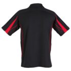 A black polo shirt with short sleeves and red accents on the sides and shoulders, viewed from the back. The shirt has a simple, sporty design.
