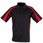 A black polo shirt with red stripes on the shoulders and sides. It has short sleeves and a three-button collar. The shirt is displayed on a plain white background.
