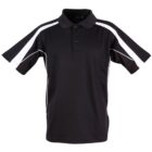 A black polo shirt with white stripes running along the shoulders and sleeves, featuring a button-up collar. The shirt has short sleeves and a simple, sporty design.