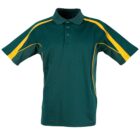 A dark green polo shirt with yellow stripes on the sleeves and sides, displayed against a white background. The shirt has a collar and a buttoned placket.