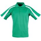 A green short-sleeve polo shirt with white stripes on the shoulders and down the sides. It has a collar, button placket, and is displayed on a plain background.