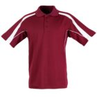 A maroon polo shirt with white stripes running down the shoulders and sleeves. It features a collar and a three-button placket in the front. The short sleeves are finished with white edging.