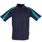 A navy blue polo shirt with turquoise stripes along the shoulders and down the sides. It features a three-button collar and short sleeves. The shirt is displayed against a plain white background.
