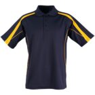 A navy blue polo shirt with short sleeves and yellow stripes running down the shoulders and sides. The shirt features a buttoned collar and appears to be made of a lightweight, breathable fabric.