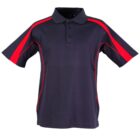 A navy blue polo shirt with red accents on the shoulders and sides. The shirt features a button-up collar and short sleeves. The garment is displayed against a plain white background.