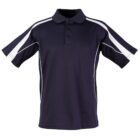 A dark navy polo shirt with short sleeves, featuring white stripes along the shoulders and sides. The shirt has a classic collar and a three-button placket.