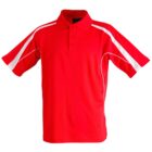 Red polo shirt with white stripes along the shoulders and sleeves. The shirt has a classic collar and button placket.
