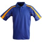 A blue polo shirt with short sleeves featuring yellow and orange stripes running from the shoulders down the sleeves. The shirt has a three-button placket.