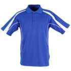 A blue polo shirt with short sleeves, featuring white accents along the shoulders and sides. It has a collar with a three-button placket in the front.