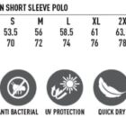 Size chart for mens Truedry Fashion Short Sleeve Polo in sizes XS to 5XL, with measurements for half chest and body length. Icons indicate features: Truedry fabric, moisture wicking, antibacterial, UV protection, quick dry, breathable, easy care.