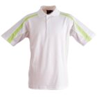 A white short-sleeved polo shirt with light green stripes on the shoulders and sides. The shirt has a collar and a three-button placket.