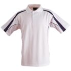 A white polo shirt with black stripes along the shoulders and sleeves, featuring a button-up collar.