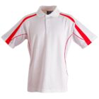 A white short-sleeve polo shirt with red stripes along the shoulders and sides. It features a collar and a buttoned placket.
