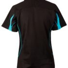 A black polo shirt with blue accents on the sides, shown from the back. The shirt has short sleeves and a collar, with a comfortable, casual design.