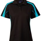 A black polo shirt with blue accents on the sleeves and sides, featuring a collar and a partial button placket. The shirt is displayed on a plain white background.