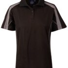 A black polo shirt with short sleeves and a collar, featuring a single button at the neck. It has gray stripes running from the shoulders down the sides of the sleeves.