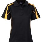 A black short-sleeved polo shirt with yellow stripes running down the shoulders and sides.