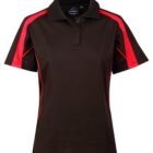 A black polo shirt with short sleeves featuring red stripes on the shoulders and sides. It has a buttoned collar and a fitted design.