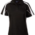 A black short-sleeve polo shirt with white accents on the sleeves and sides, featuring a collar and button-up neckline. The design is sporty and casual.