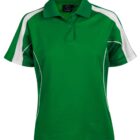 Green polo shirt with white accents on the sides and shoulders. The shirt has a classic collar and two buttons at the top.