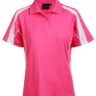 A bright pink polo shirt with white accents on the shoulder panels and sides. It features a buttoned collar and short sleeves. The shirt is displayed against a plain white background.