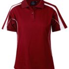 A maroon polo shirt with a collar and short sleeves. It features white stripes along the shoulders and sides. The shirt has a classic, sporty design.