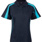 A black polo shirt with short sleeves and teal accents along the shoulders and sides. It has a buttoned collar and a relaxed fit.
