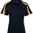 A black short-sleeve polo shirt with yellow stripes on the shoulders and sides, featuring a collar and three-button placket. The shirt is displayed against a white background.