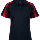A black polo shirt with bold red stripes running along the shoulders and sides. It has a collar and a few buttons at the neckline. The shirt is displayed against a plain white background.