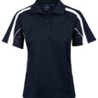 A navy blue polo shirt with short sleeves, featuring white and navy panels on the shoulders and sides. The shirt has a collar and two buttons at the neckline.
